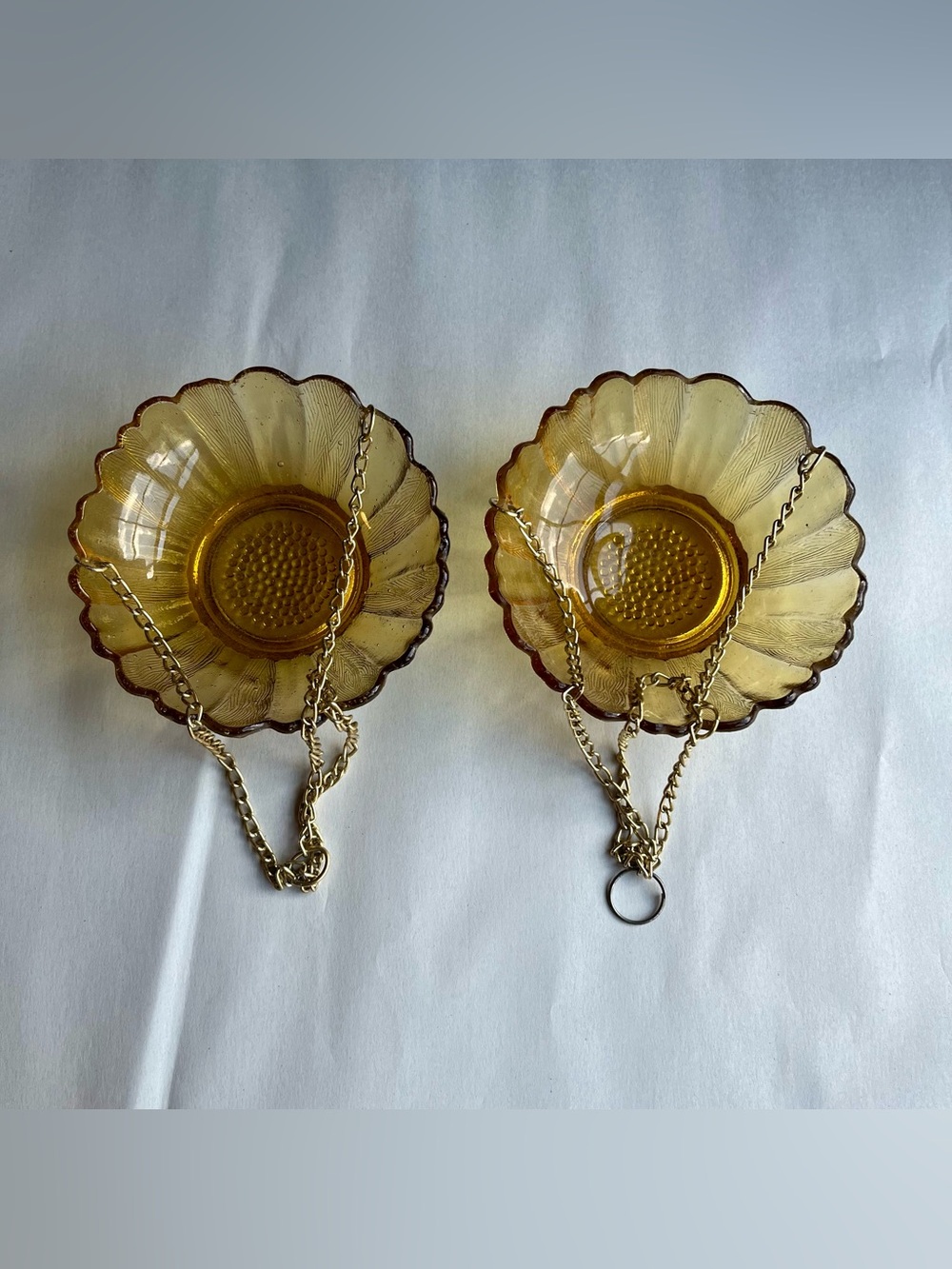 Vintage Amber Glass Sunflower Bowl w/Brass Tone Metal Chains - Set of 2